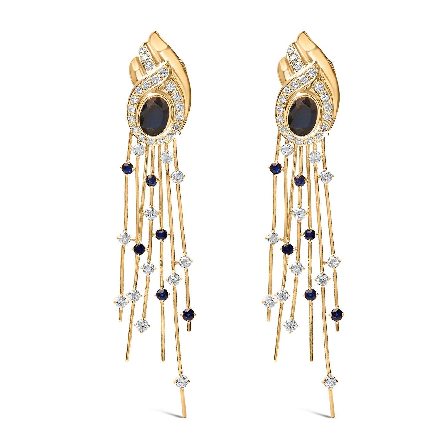 Pendientes colgantes de oro amarillo de 14 quilates con diamantes de 1,0 Cttw y zafiros azules