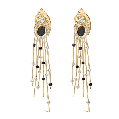 Pendientes colgantes de oro amarillo de 14 quilates con diamantes de 1,0 Cttw y zafiros azules