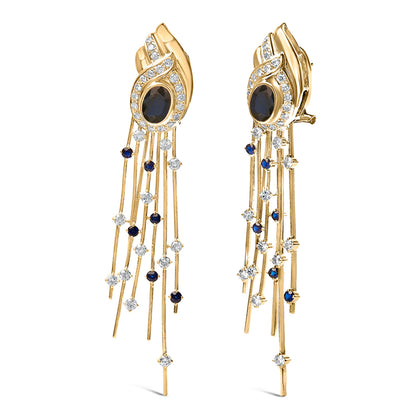 Pendientes colgantes de oro amarillo de 14 quilates con diamantes de 1,0 Cttw y zafiros azules