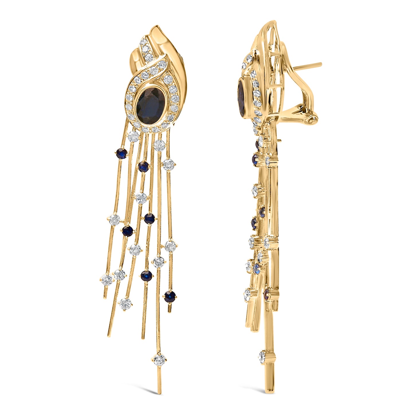 Pendientes colgantes de oro amarillo de 14 quilates con diamantes de 1,0 Cttw y zafiros azules