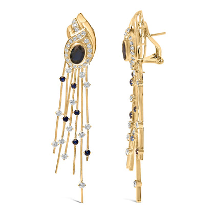 Pendientes colgantes de oro amarillo de 14 quilates con diamantes de 1,0 Cttw y zafiros azules