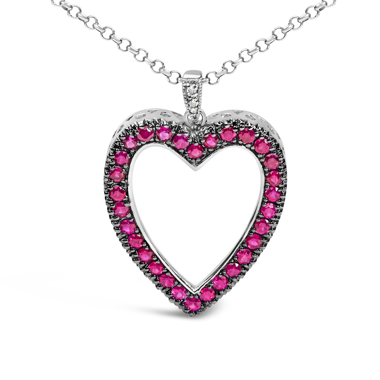 Collar con colgante de corazón abierto de oro de 18K con 1/3 Cttw de diamante y rubí rojo con rodio negro, 18" (color G-H, claridad VS2-SI1)