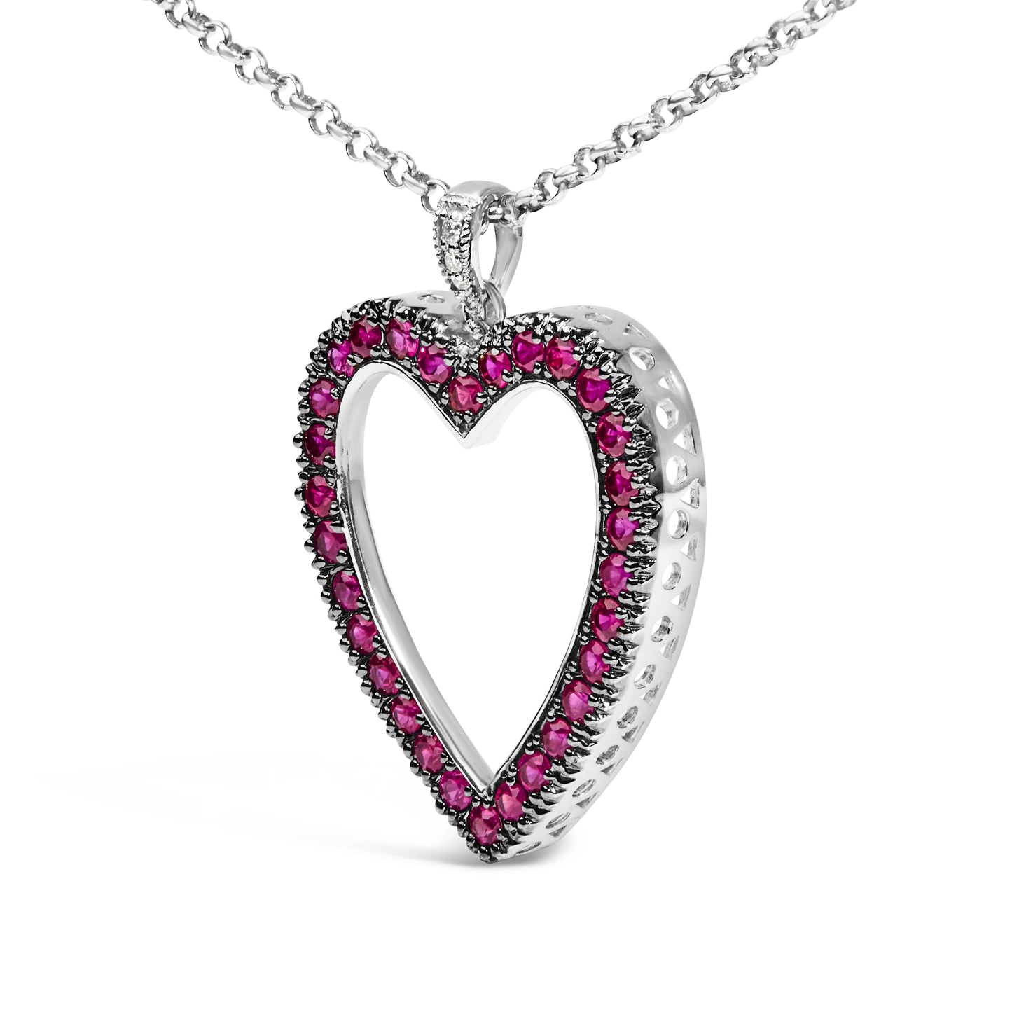 Collar con colgante de corazón abierto de oro de 18K con 1/3 Cttw de diamante y rubí rojo con rodio negro, 18" (color G-H, claridad VS2-SI1)