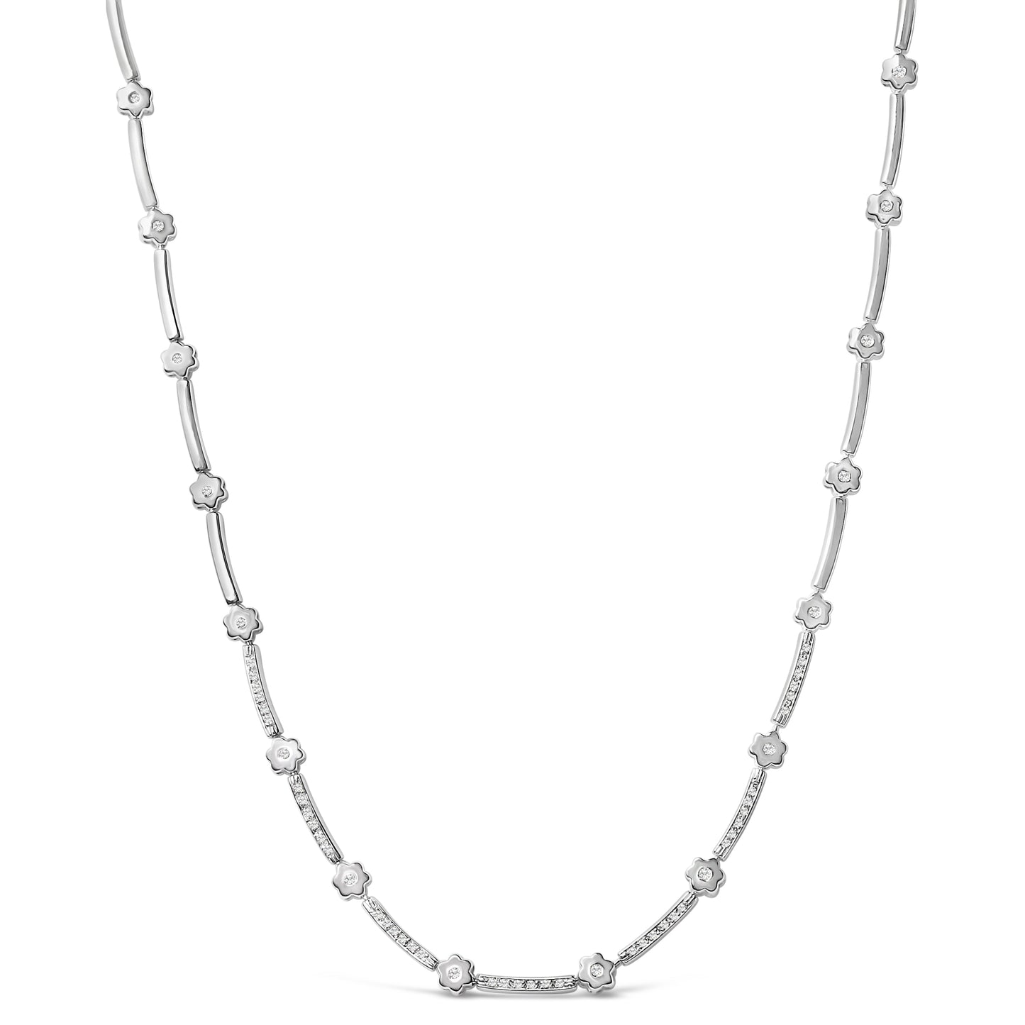 Collar tipo estación de oro blanco de 14 quilates con diamantes de 1,0 quilates, motivo de flores y barra