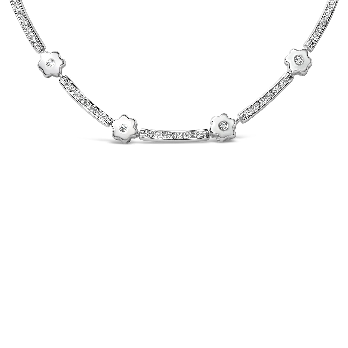 Collar tipo estación de oro blanco de 14 quilates con diamantes de 1,0 quilates, motivo de flores y barra