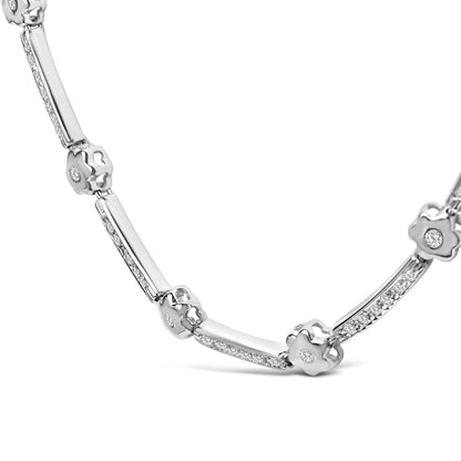 Collar tipo estación de oro blanco de 14 quilates con diamantes de 1,0 quilates, motivo de flores y barra