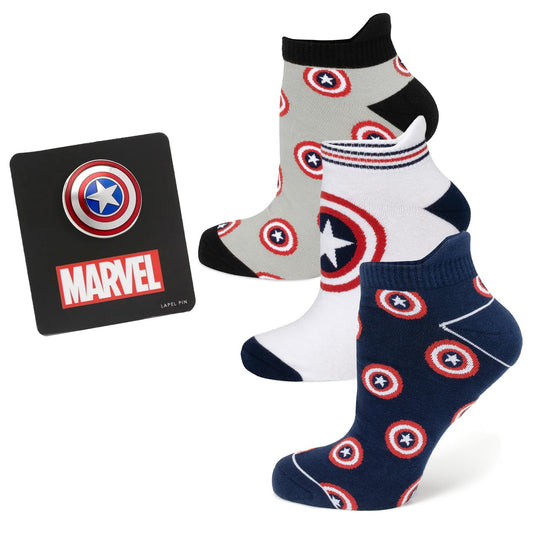 Pack de 3 calcetines tobilleros de Marvel Capitán América y set de regalo de pin de solapa