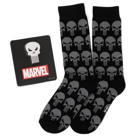 Set de regalo de calcetines negros y pin de solapa plateado de Marvel Punisher