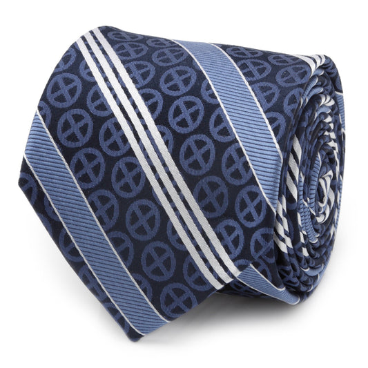 Corbata de hombre con rayas azul marino y el símbolo de los X-Men de Marvel