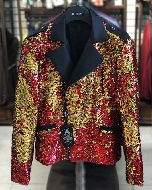 Men's Fashion Jacket - Biker Jacket - Sequin Red/Gold - My Men's Shop