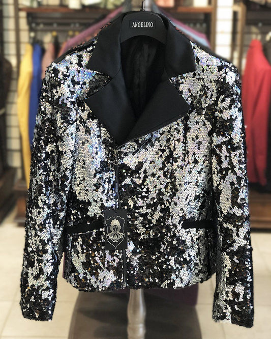 Men's Fashion Jacket - Men's Biker Jacket - Sequin Silver - My Men's Shop