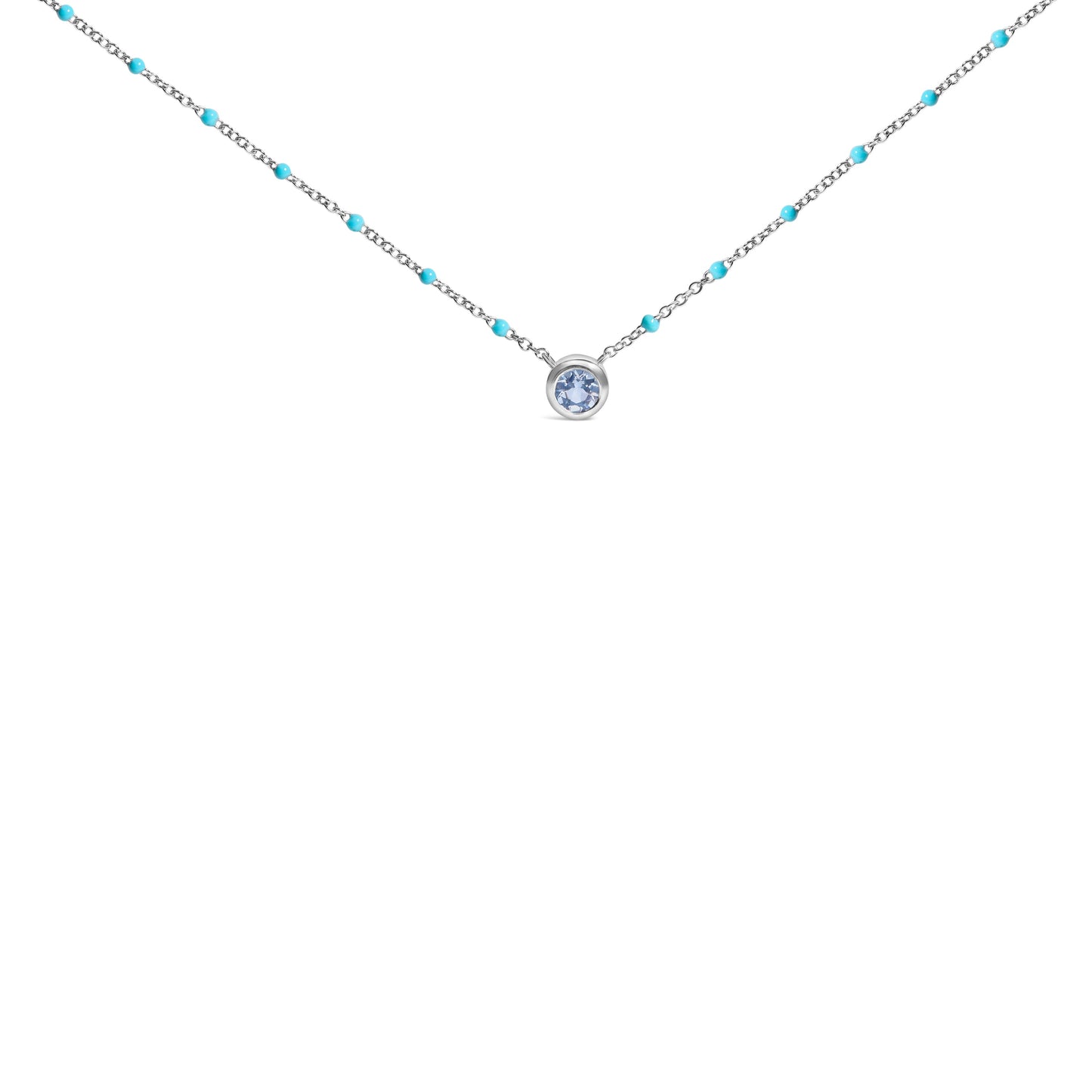 Collar de cadena con aguamarina celeste engastada en bisel de plata de ley y cuentas de esmalte
