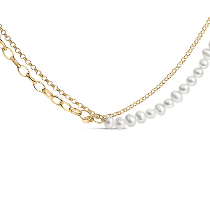 Collar de Perlas Cultivadas de Oro Amarillo de 18K con Cadena Rolo y Paperclip