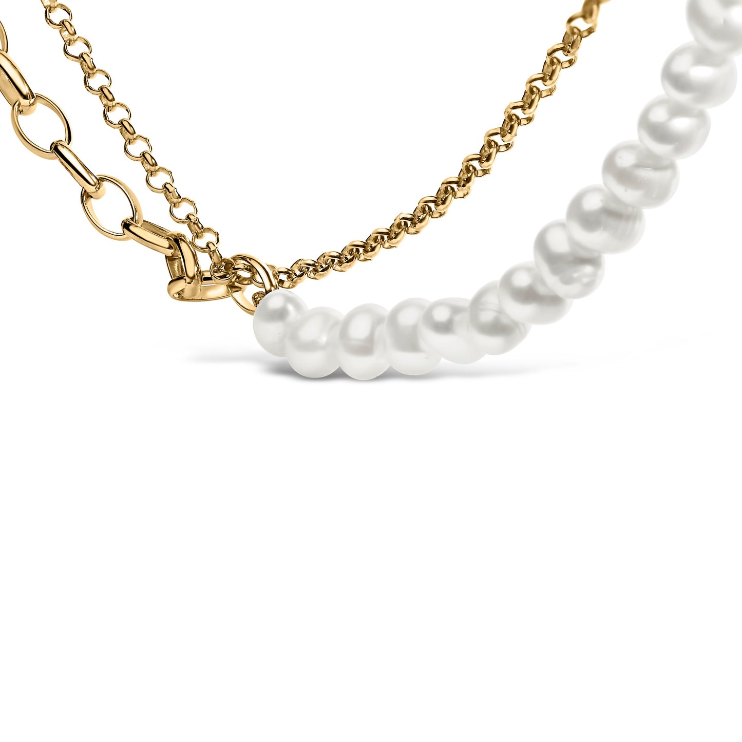 Collar de Perlas Cultivadas de Oro Amarillo de 18K con Cadena Rolo y Paperclip