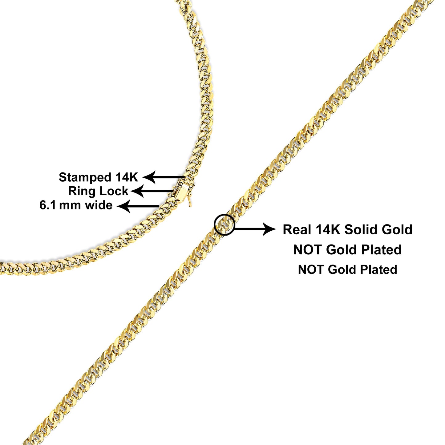 Cadena de oro amarillo macizo de 14 quilates de 6,1 mm estilo cubana clásica - 55,88 cm