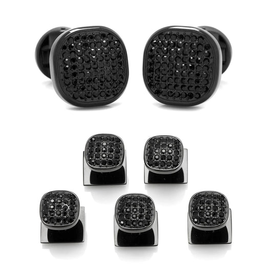 Black Stainless Steel Black Crystal Cufflink and 5-Stud Set - My Men's Shop