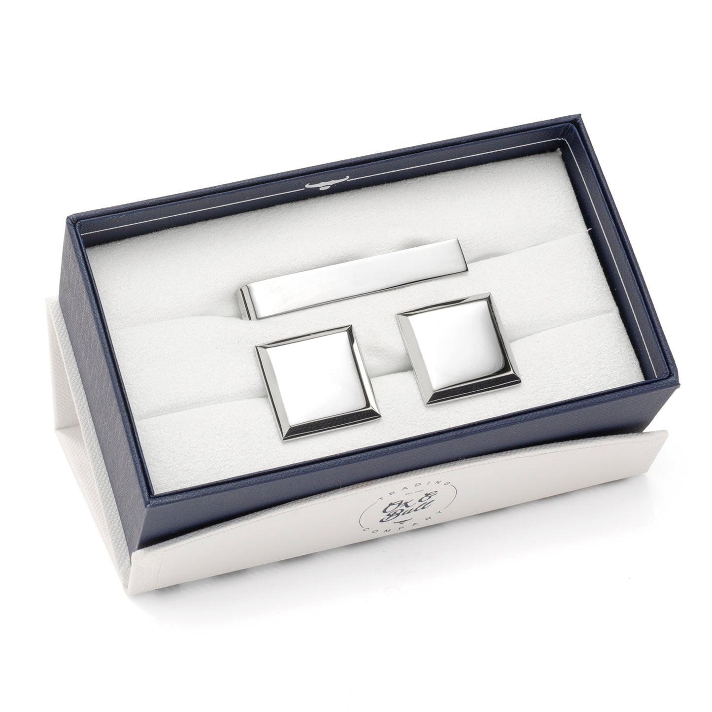 Conjunto de regalo de gemelos y pasador de corbata grabables de acero inoxidable biselado