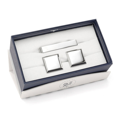 Conjunto de regalo de gemelos y pasador de corbata grabables de acero inoxidable biselado