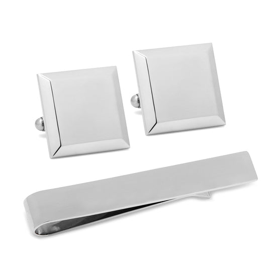 Stainless Steel Beveled Square Engravable Cufflinks and Tie Bar Gift Set - My Men's Shop