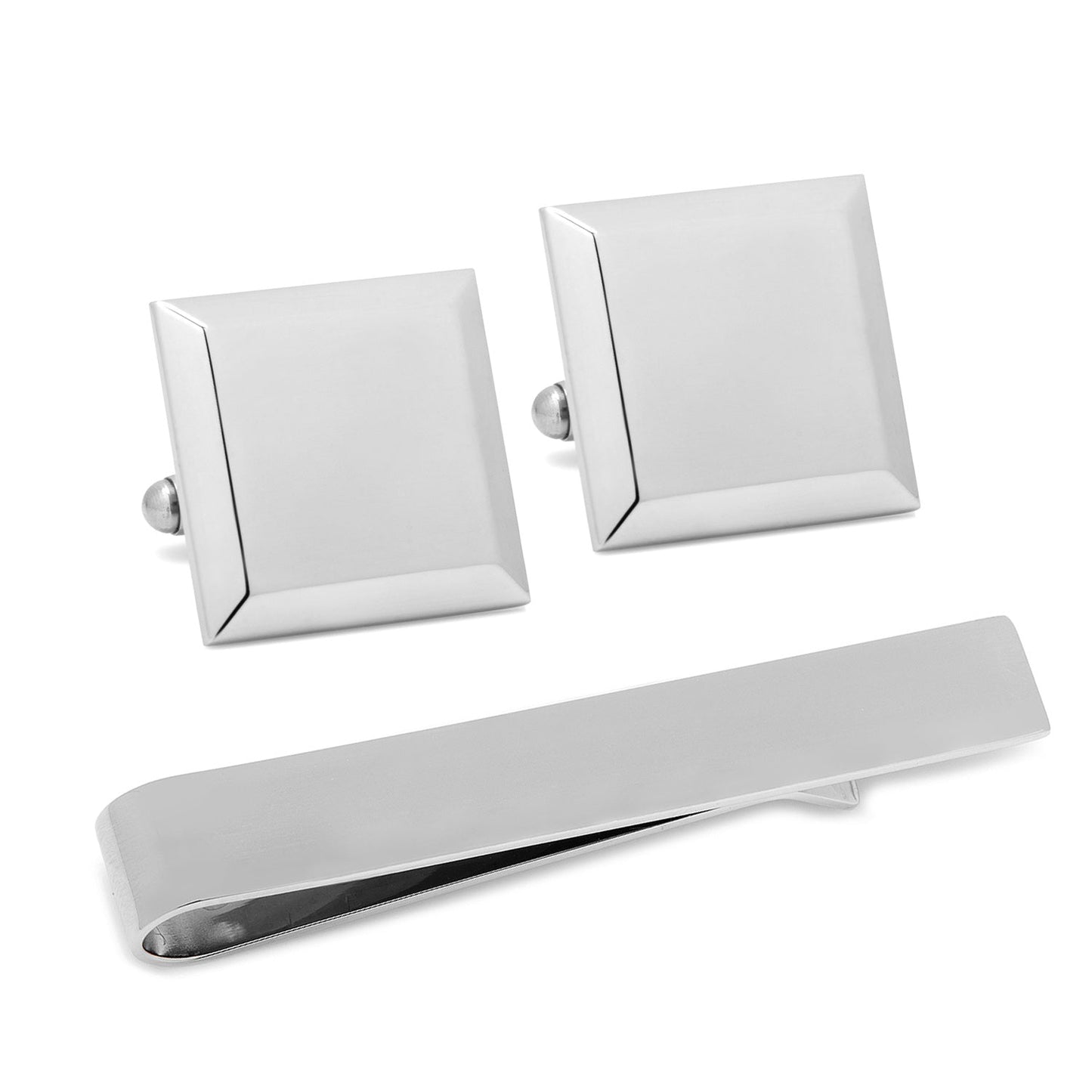 Conjunto de regalo de gemelos y pasador de corbata grabables de acero inoxidable biselado