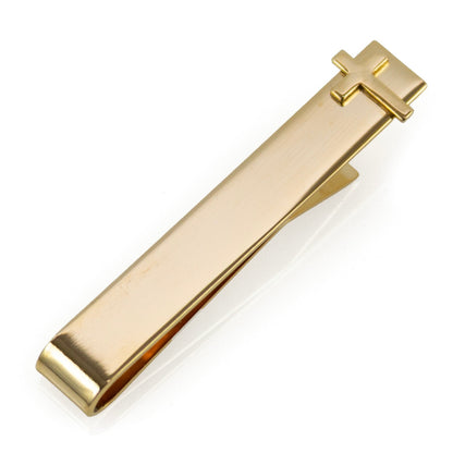 Pasador de corbata dorado con cruz