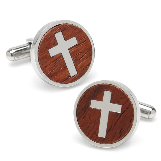 Cross Round Wood Stainless Steel Cufflinks - My Men's Shop