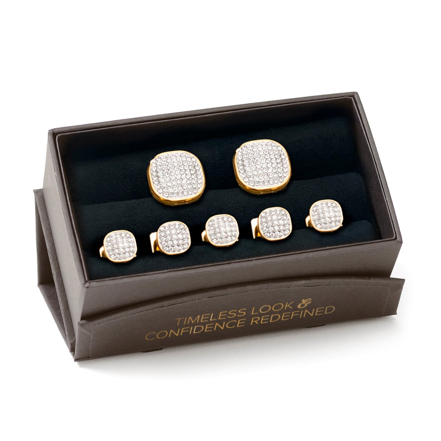 Juego de 5 pendientes de acero inoxidable dorado con pavé de cristal blanco