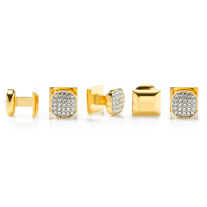 Acero Inoxidable con Baño de Oro, Cristales Blancos Engastados, 5 Pendientes de Botón