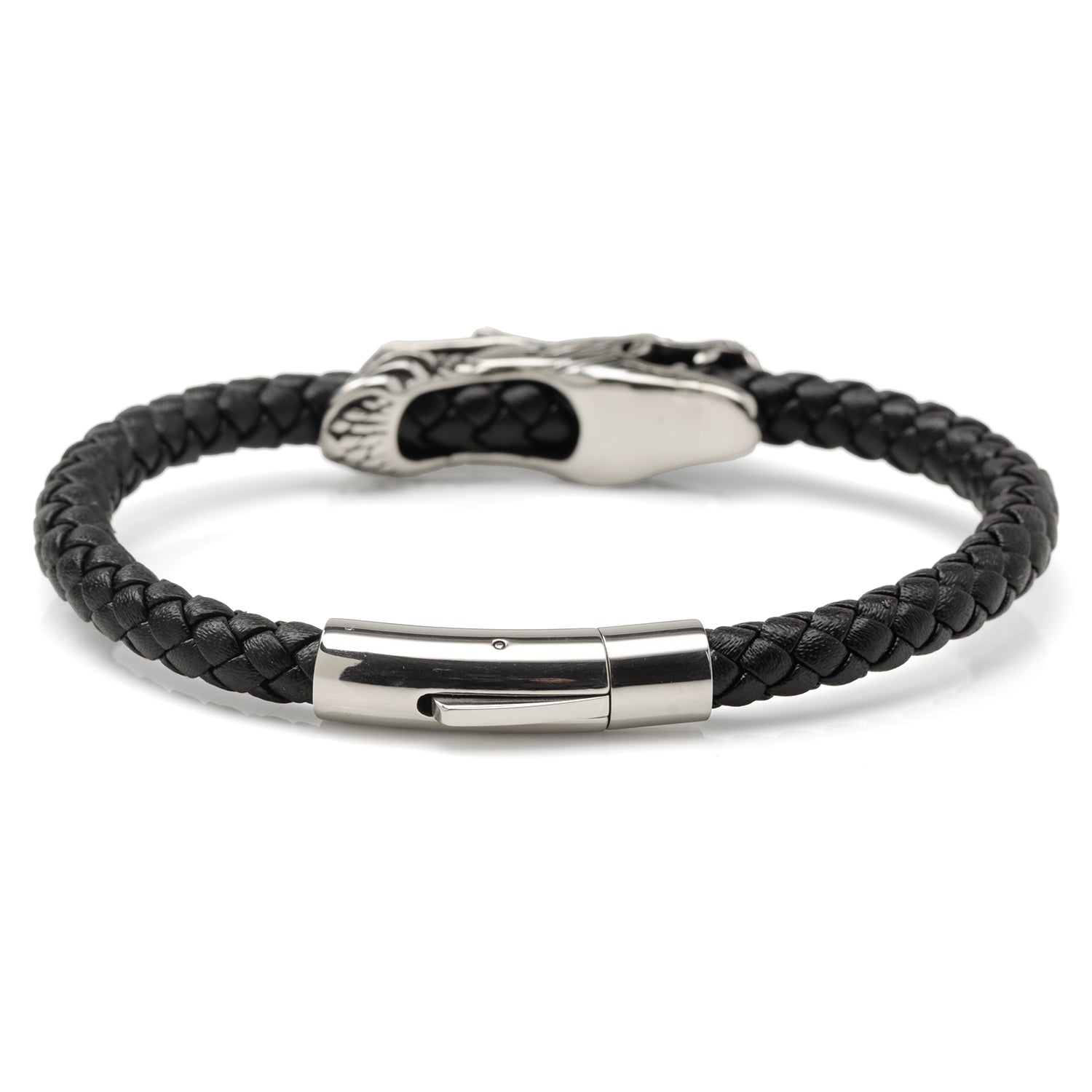 Dragon Head Braided Black Leather Bracelet with Magnetic Closure - My Men's Shop