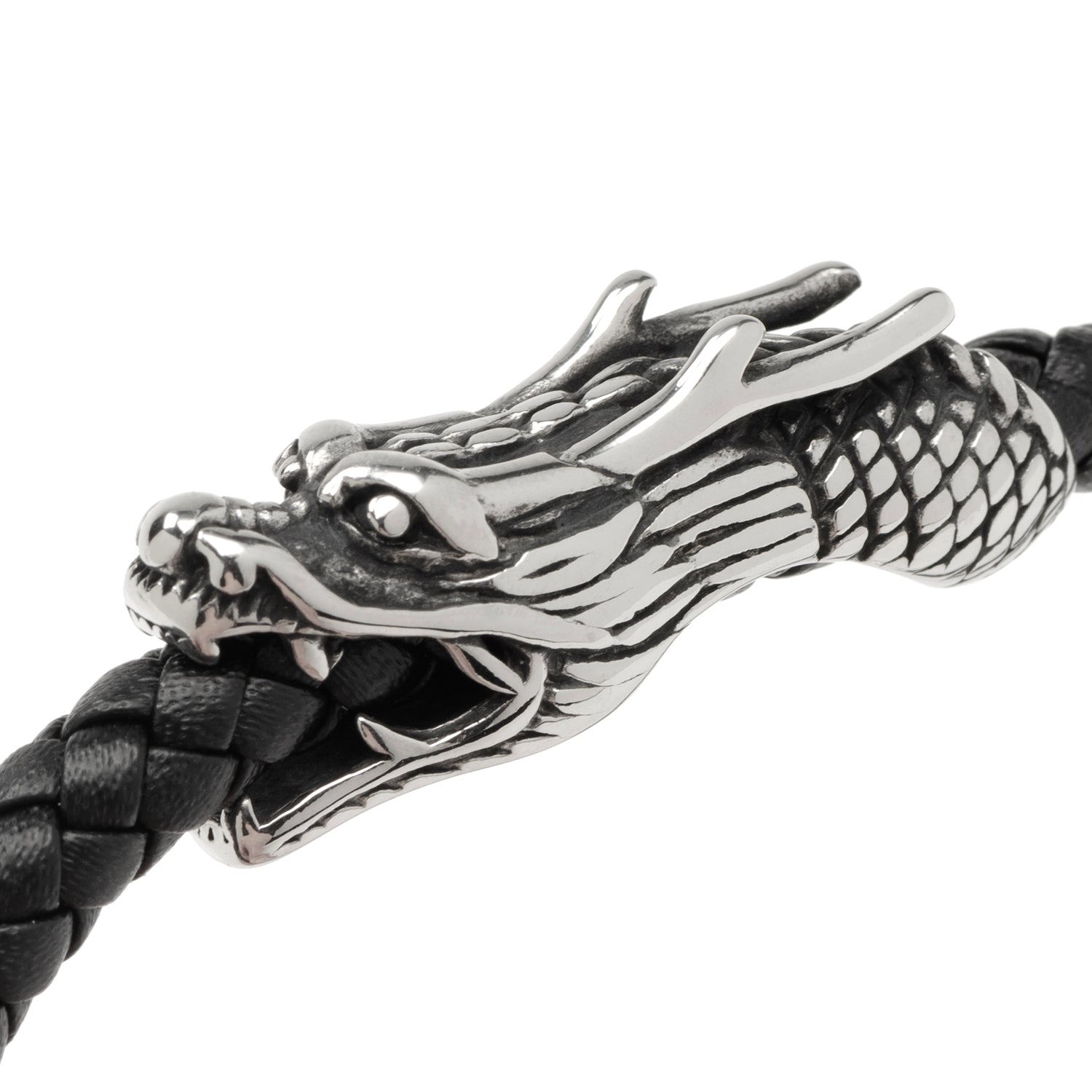 Dragon Head Braided Black Leather Bracelet with Magnetic Closure - My Men's Shop