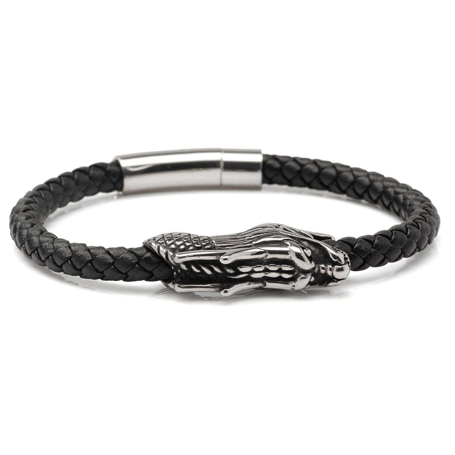 Dragon Head Braided Black Leather Bracelet with Magnetic Closure - My Men's Shop