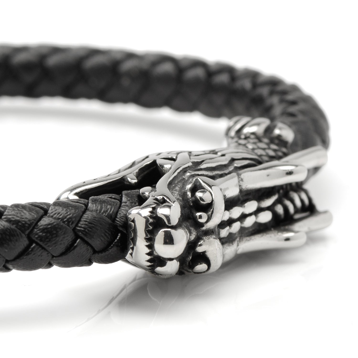 Dragon Head Braided Black Leather Bracelet with Magnetic Closure - My Men's Shop