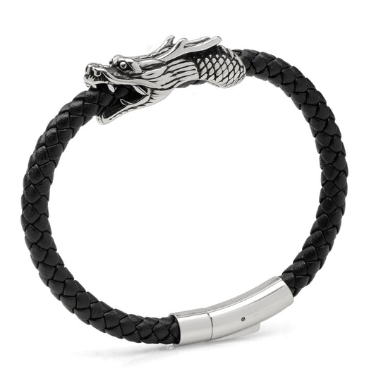 Dragon Head Braided Black Leather Bracelet with Magnetic Closure - My Men's Shop