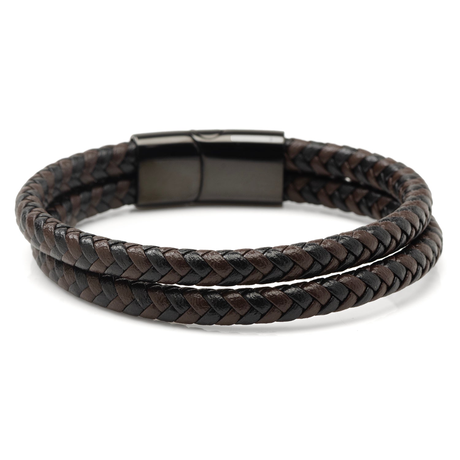 Black and Brown Braided Leather Bracelet with Gunmetal Stainless Steel Magnetic Clasp - My Men's Shop
