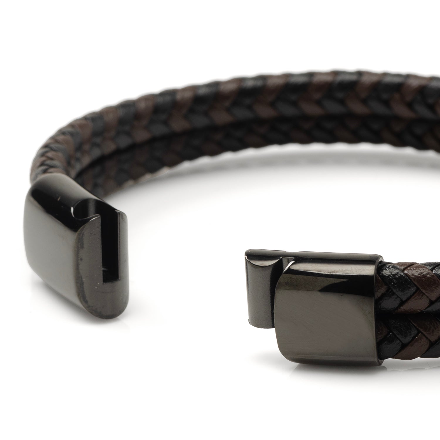 Black and Brown Braided Leather Bracelet with Gunmetal Stainless Steel Magnetic Clasp - My Men's Shop