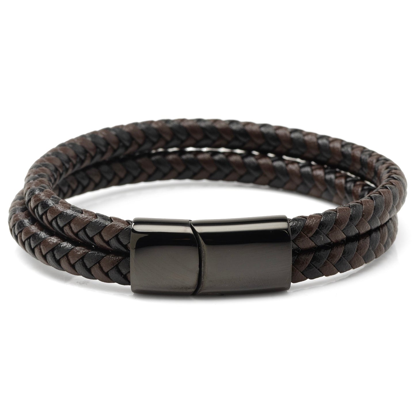 Black and Brown Braided Leather Bracelet with Gunmetal Stainless Steel Magnetic Clasp - My Men's Shop