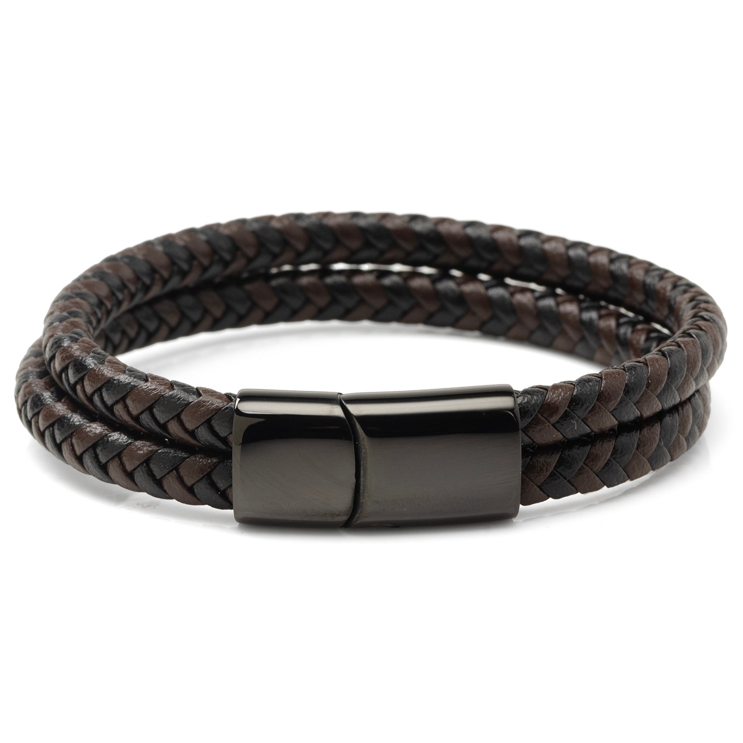 Black and Brown Braided Leather Bracelet with Gunmetal Stainless Steel Magnetic Clasp - My Men's Shop