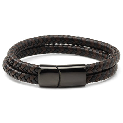 Black and Brown Braided Leather Bracelet with Gunmetal Stainless Steel Magnetic Clasp - My Men's Shop