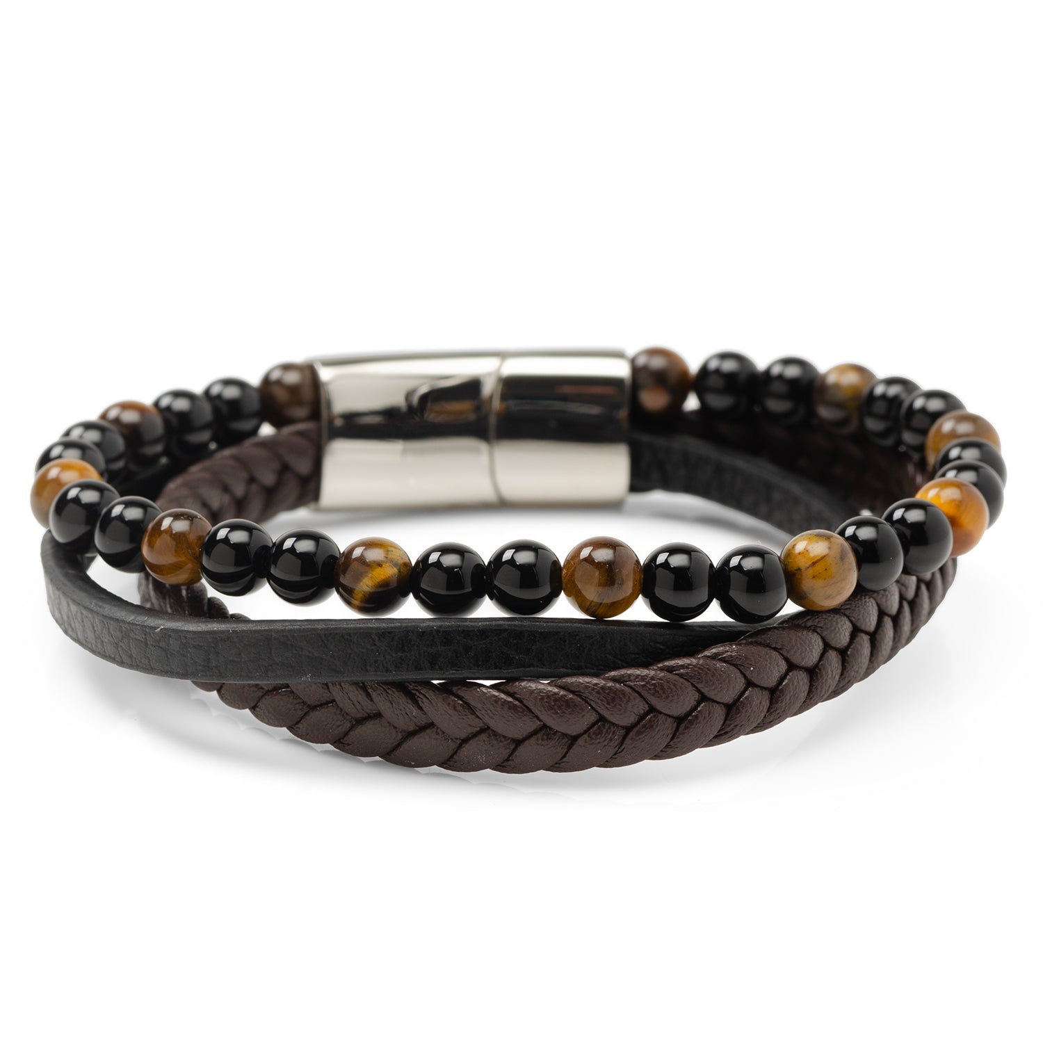 Stainless Steel Stacked Brown Leather Bracelet with Tigers Eye - My Men's Shop