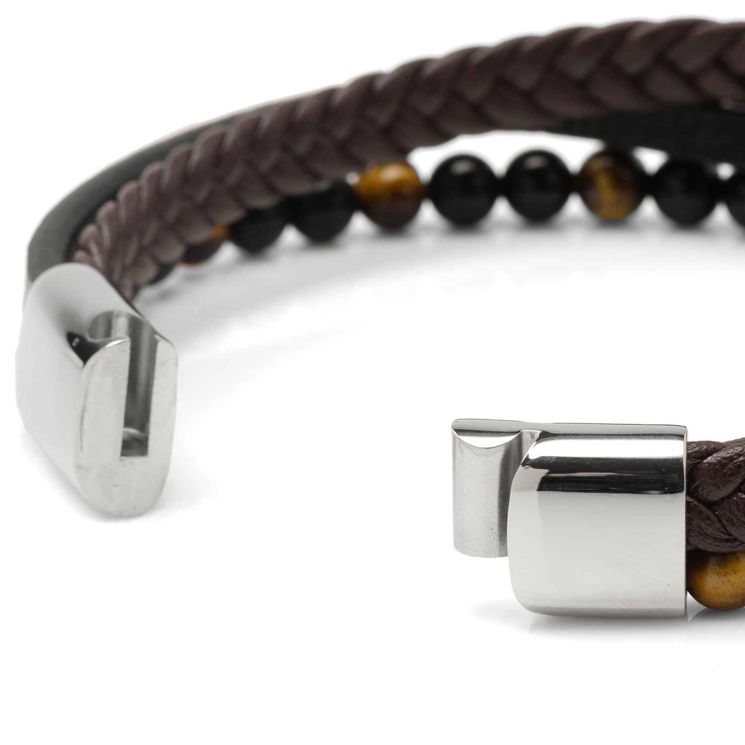 Stainless Steel Stacked Brown Leather Bracelet with Tigers Eye - My Men's Shop