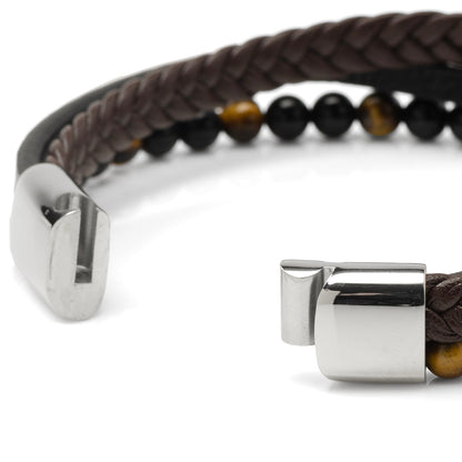 Stainless Steel Stacked Brown Leather Bracelet with Tigers Eye - My Men's Shop