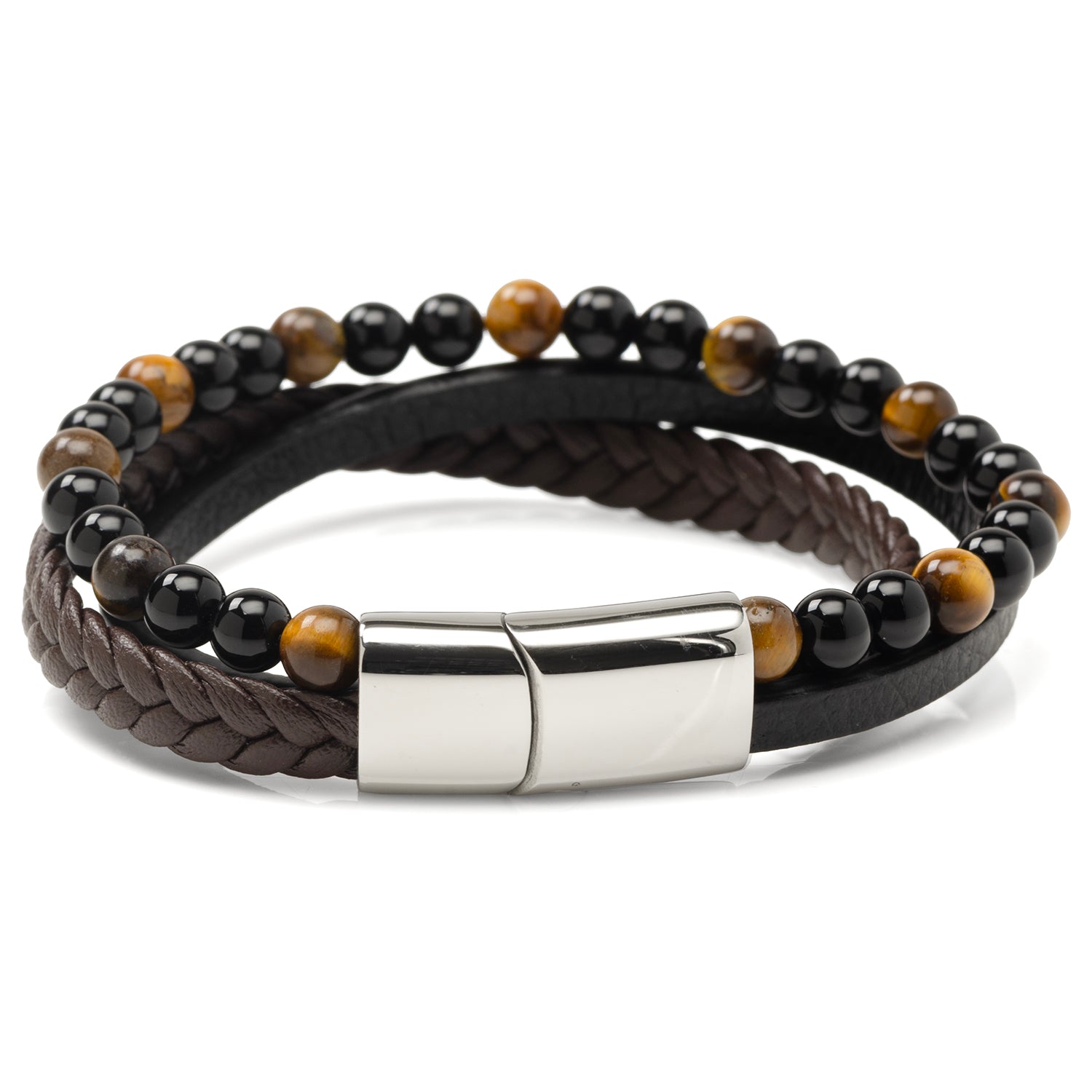 Stainless Steel Stacked Brown Leather Bracelet with Tigers Eye - My Men's Shop