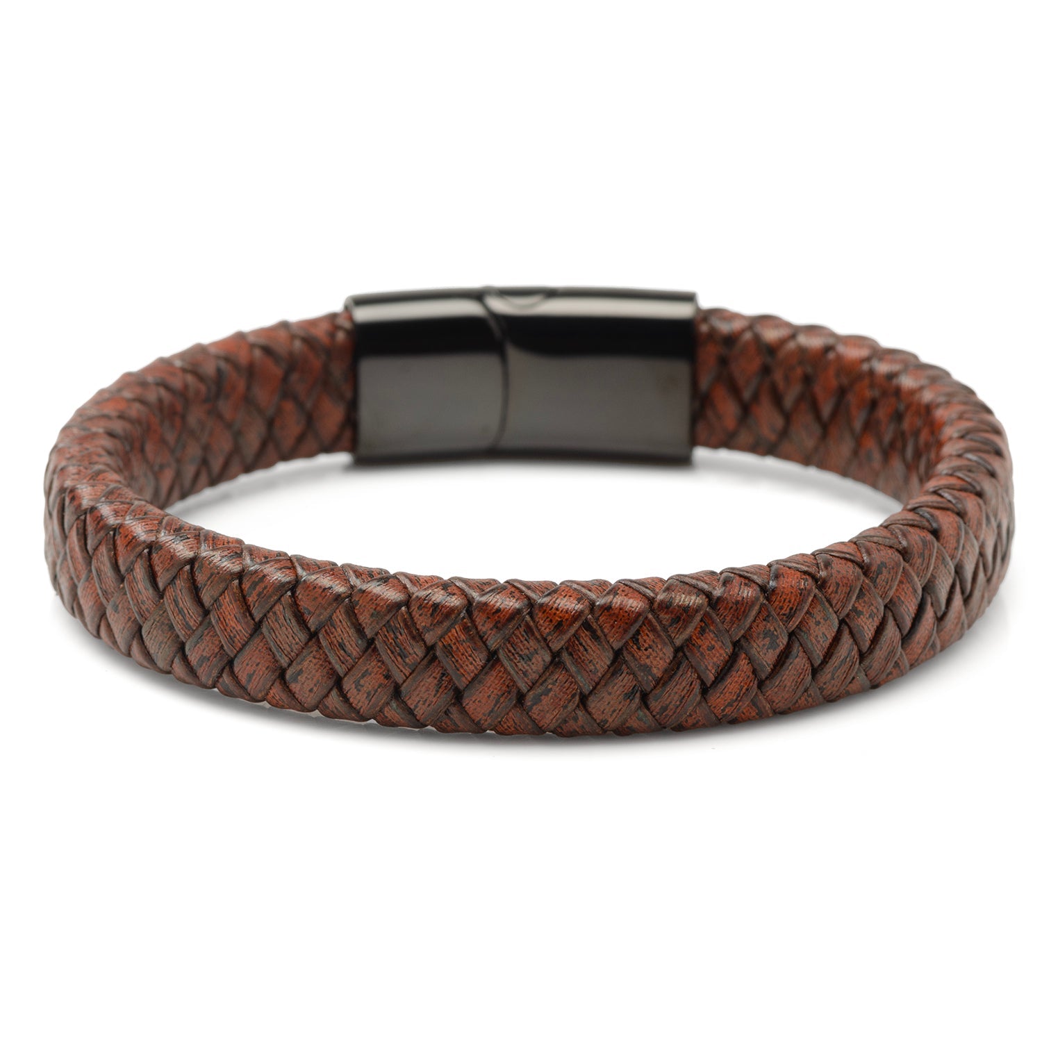 Red Brown Braided Leather Bracelet with Gunmetal Stainless Steel Magnetic Clasp - My Men's Shop