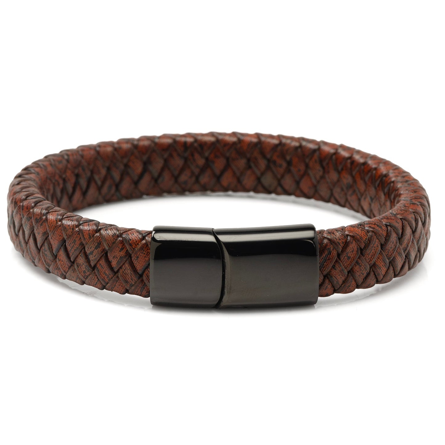 Red Brown Braided Leather Bracelet with Gunmetal Stainless Steel Magnetic Clasp - My Men's Shop