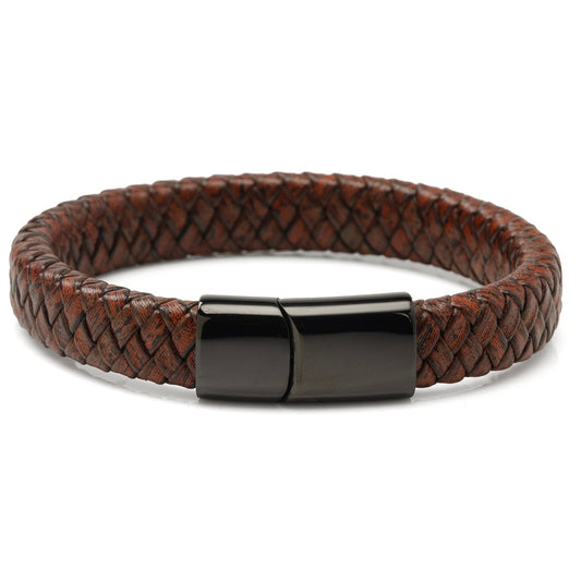 Red Brown Braided Leather Bracelet with Gunmetal Stainless Steel Magnetic Clasp - My Men's Shop
