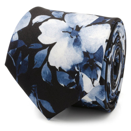 Corbata de seda negra para hombre con estampado floral pintado