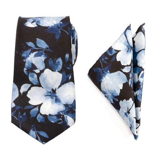 Conjunto de regalo de corbata y pañuelo de bolsillo azules con estampado floral pintado