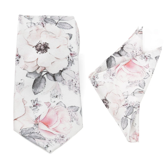 Juego de regalo de corbata y pañuelo de bolsillo gris con estampado floral