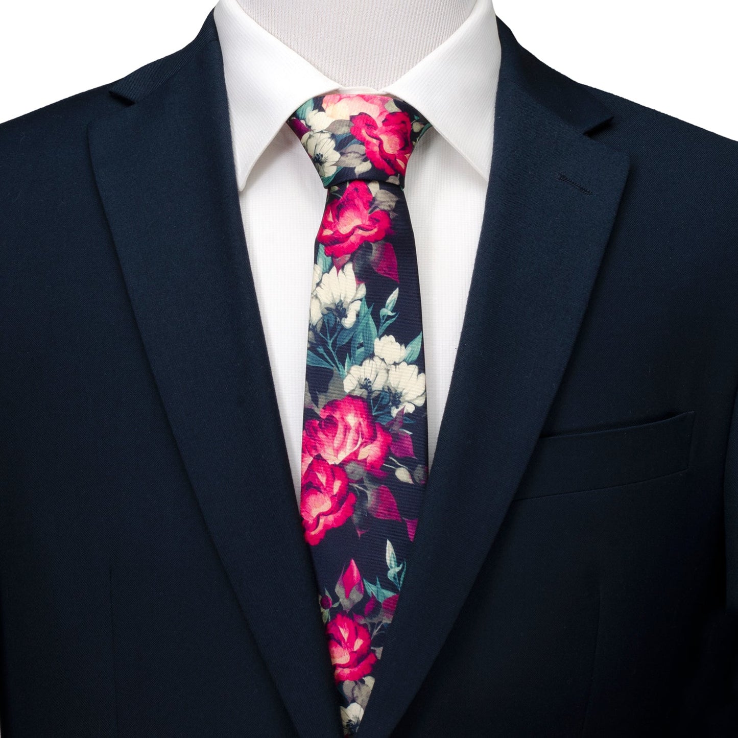 Corbata de seda azul marino con motivos florales pintados para hombre