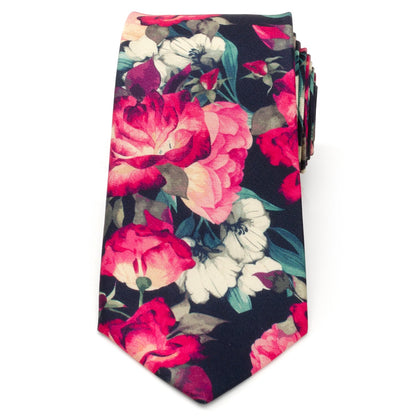 Corbata de seda azul marino con motivos florales pintados para hombre